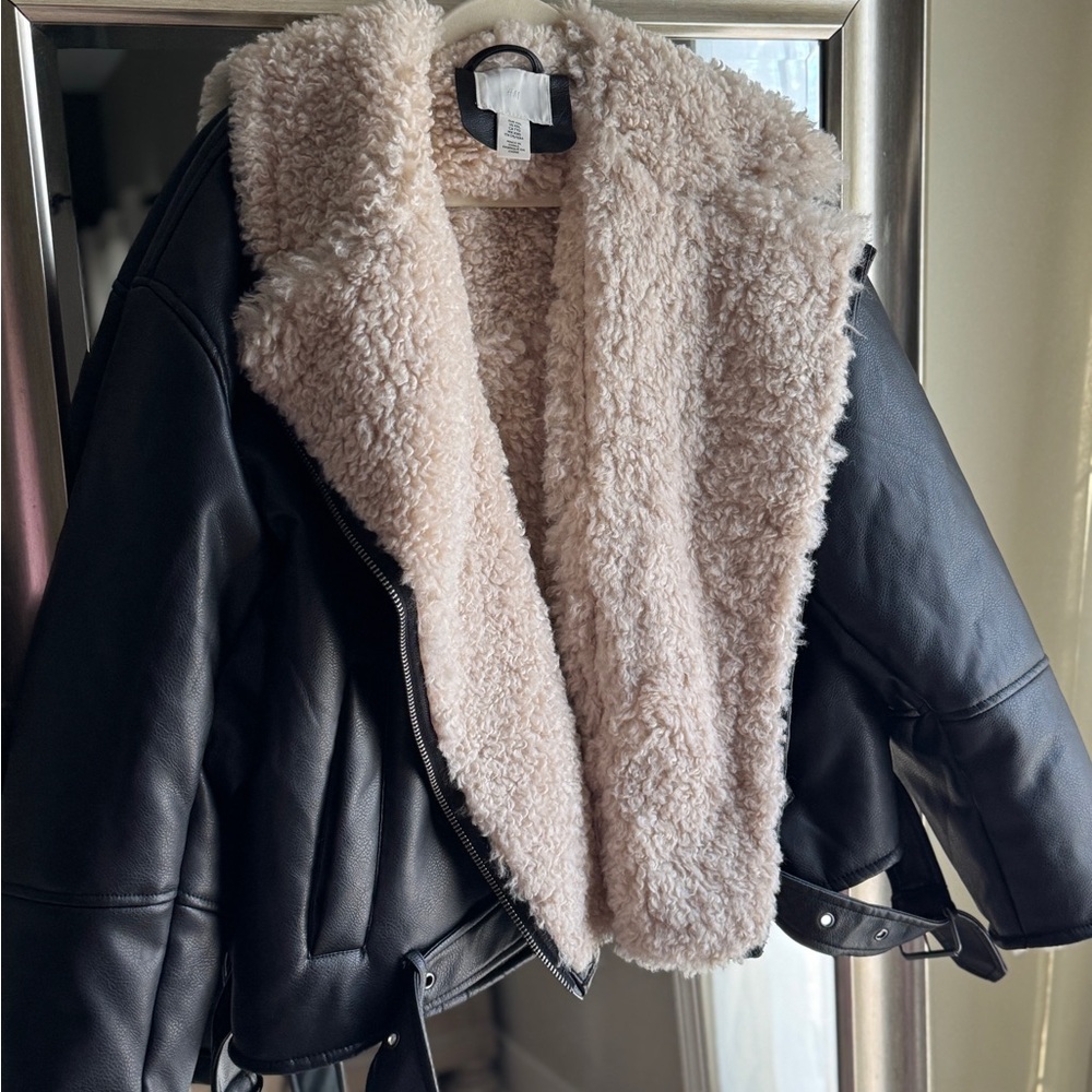 H&M Black and Cream Leather Shearling Jacket